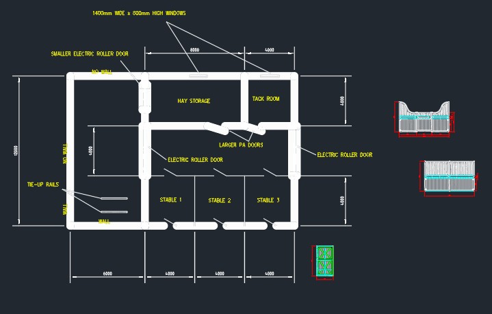 Plan drawing for a private three-stable equine complex with hay storage and tack room